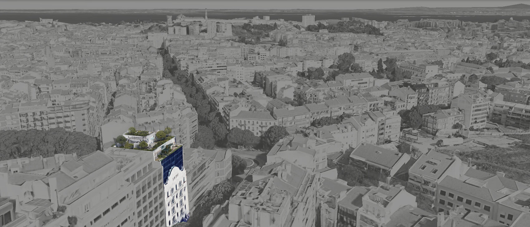 CR14 within the Lisbon skyline — Avenidas Novas, looking toward the river